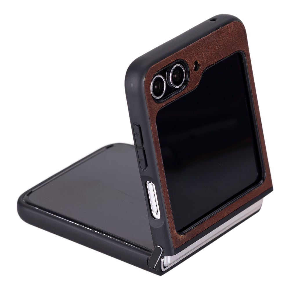 Phone case with wooden back and black front on a white background