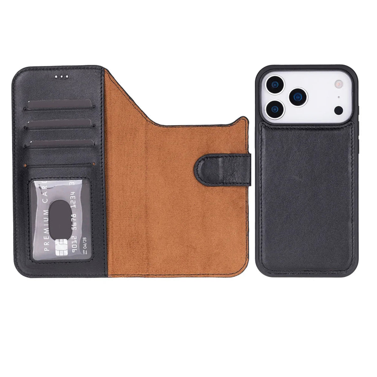 iPhone 18 pro max case with card holder and back view on a white background