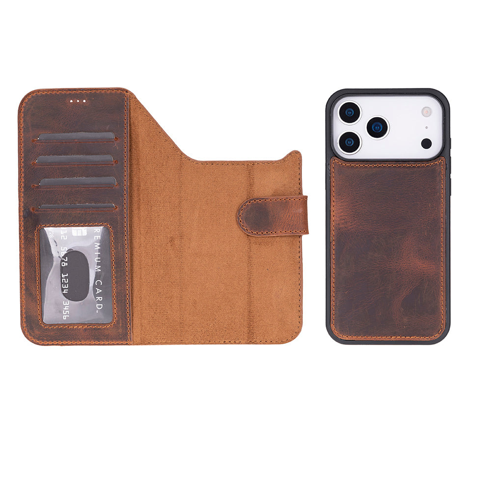 Brown phone case with card holder and smartphone inside on a white background