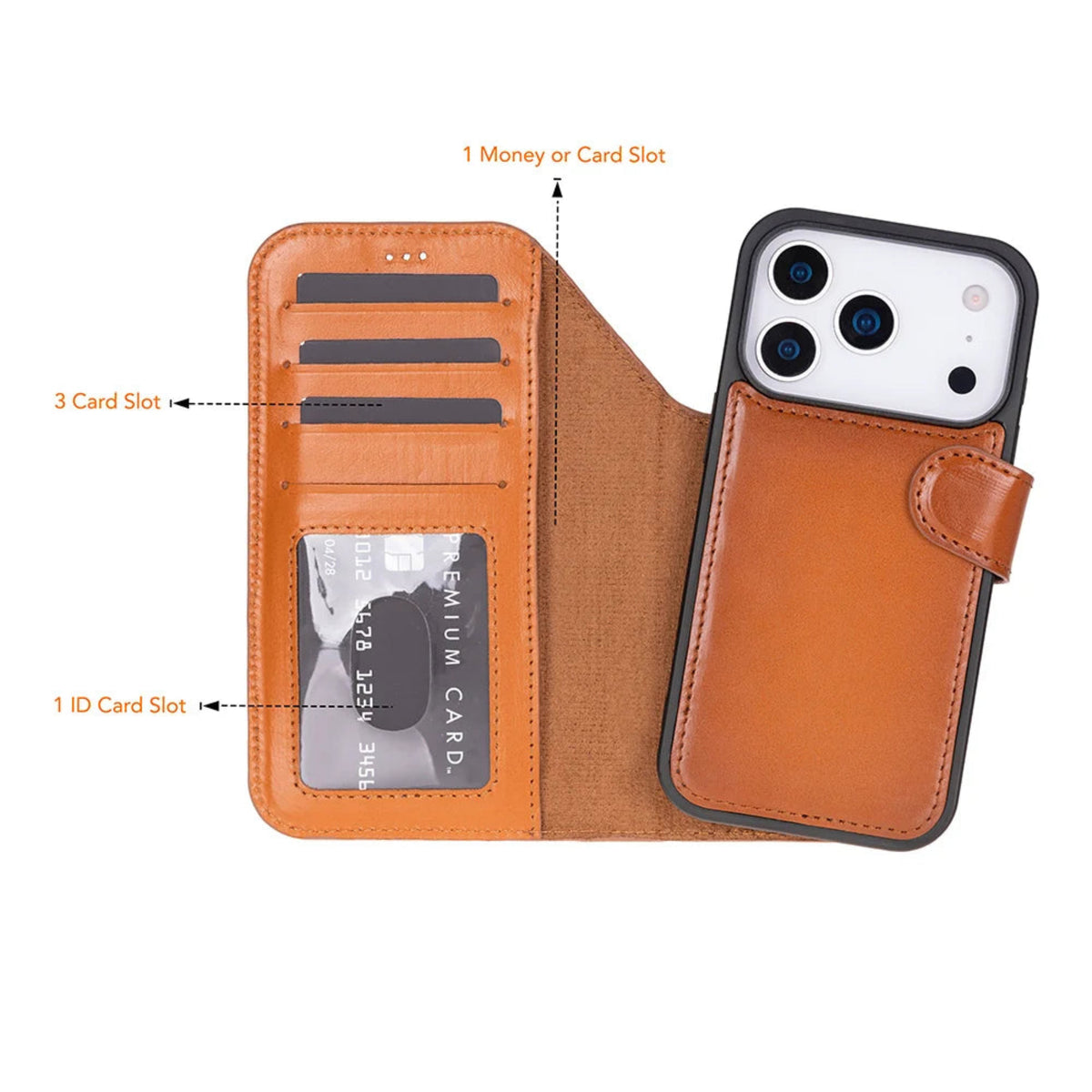 Brown iphone 18 pro wallet case with card slots and phone attachment on a white background