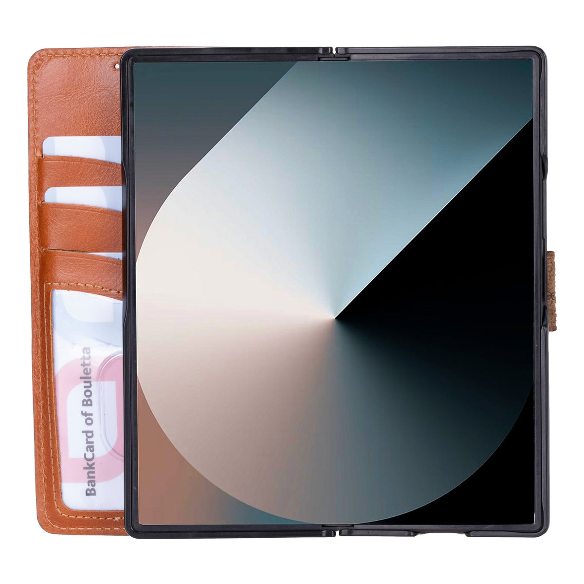 A black Samsung Galaxy Z Fold 6 smartphone in a leather wallet case with RFID protection, featuring card slots and a magnetic clip.