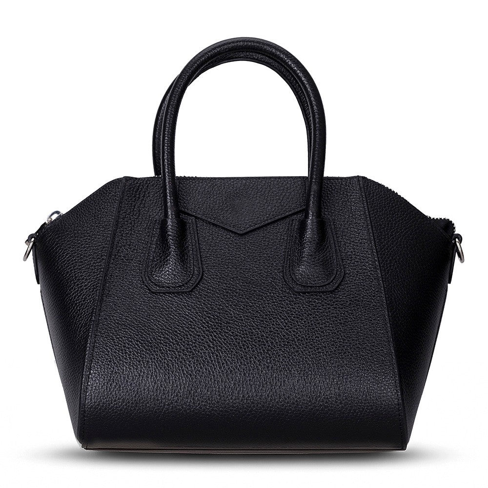 Black leather handbag on a white background