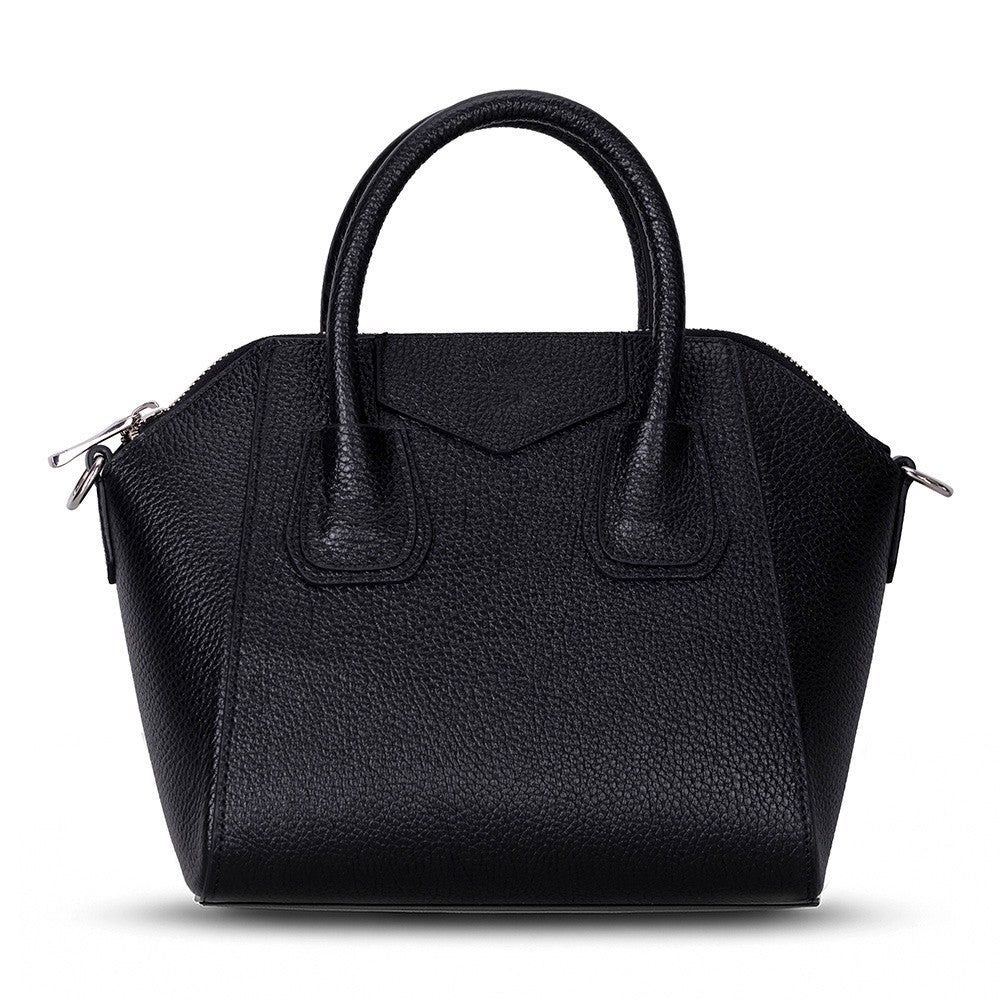 Black handbag with a textured surface on a white background