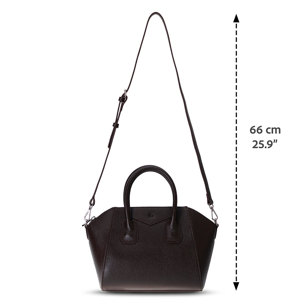 Black handbag with a measurement label on a white background