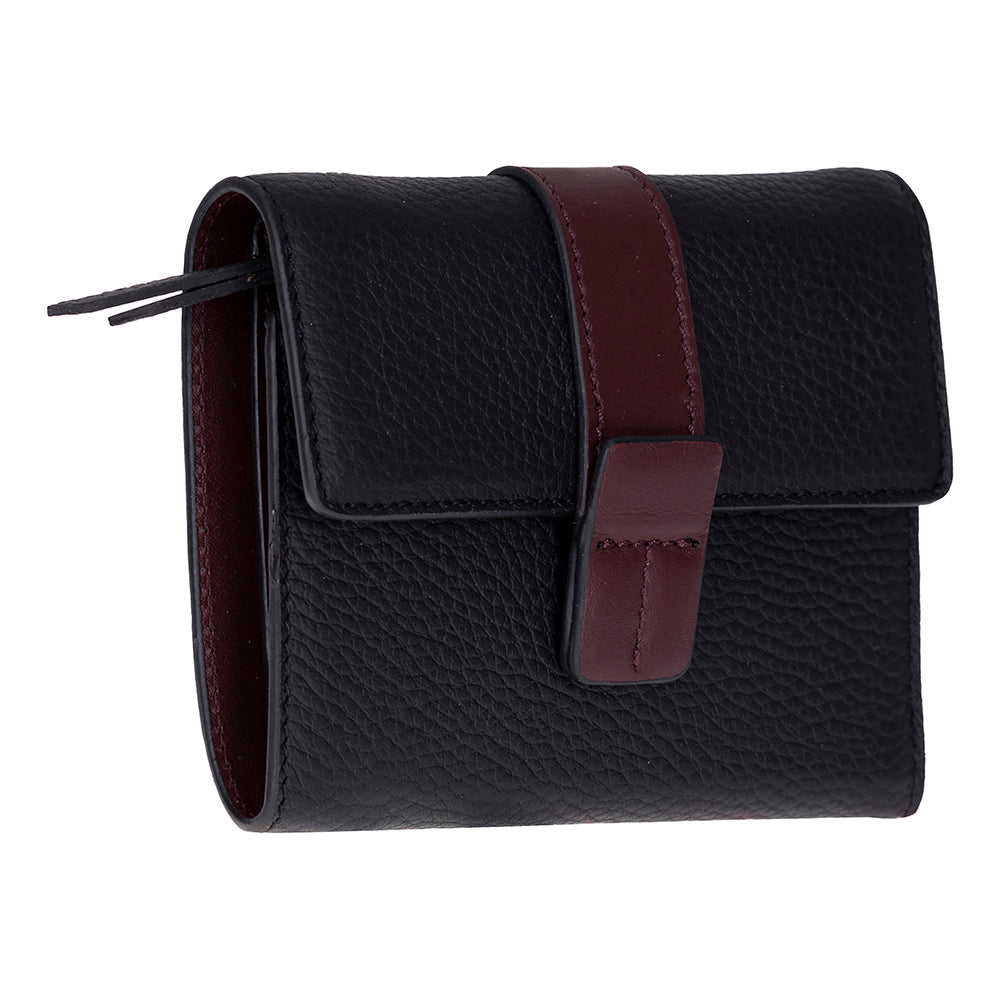 Black genuine leather compact wallet with burgundy strap and flap closure