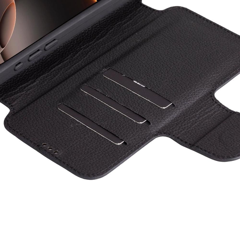 Black phone case with card slots on a white background