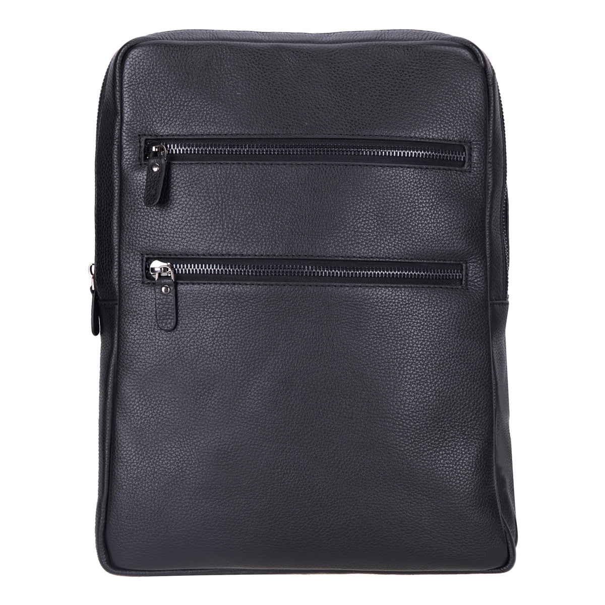 Black leather backpack with two zippers on a white background