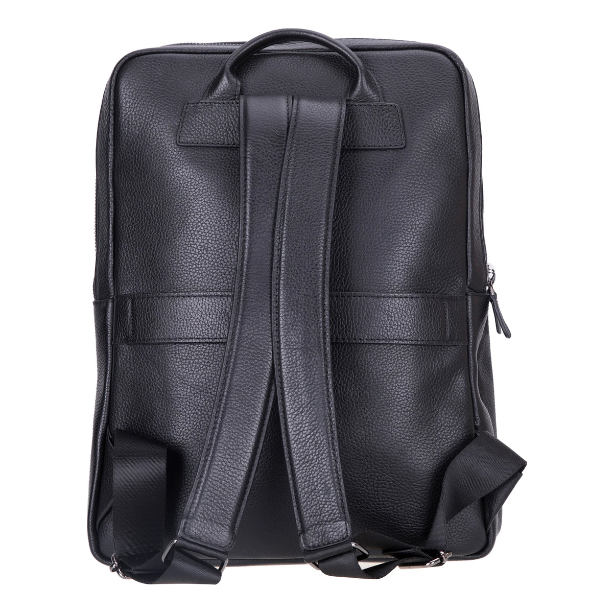Black leather backpack on a white background