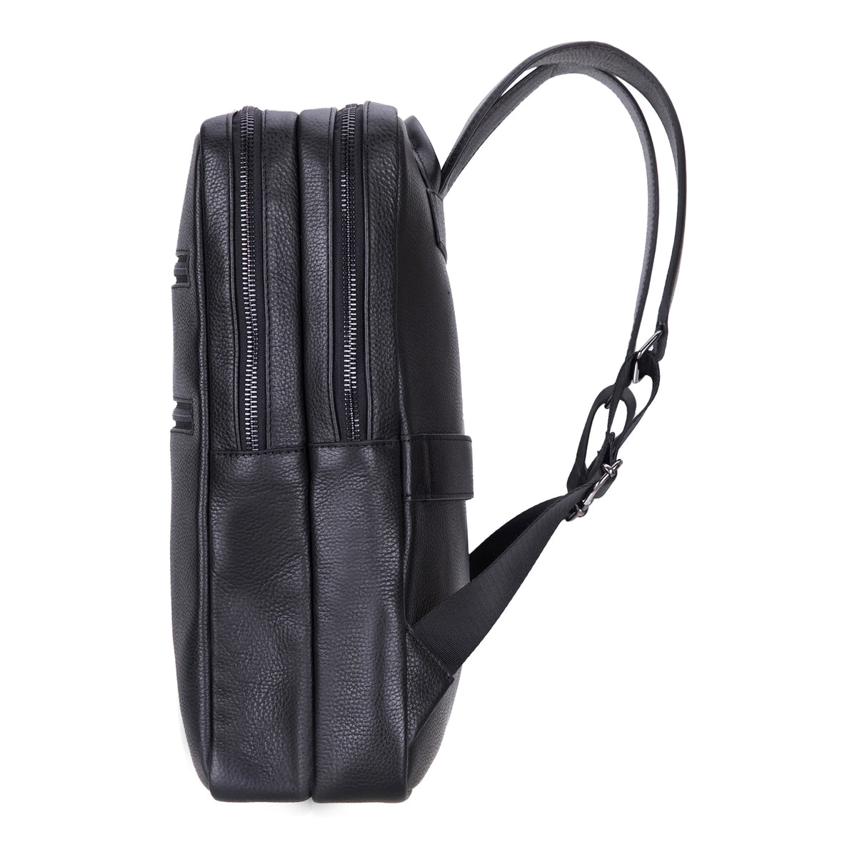 Black leather backpack on a white background