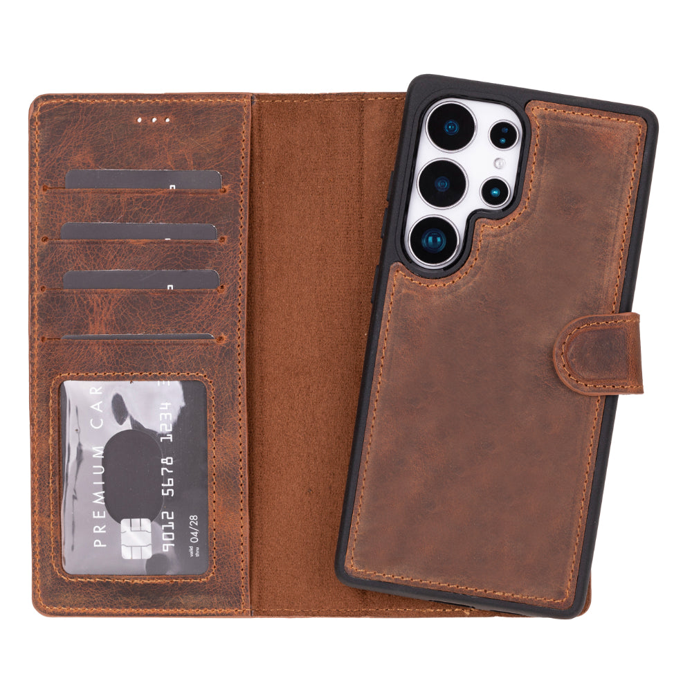 Brown leather phone case with card slots and phone stand feature on a white background