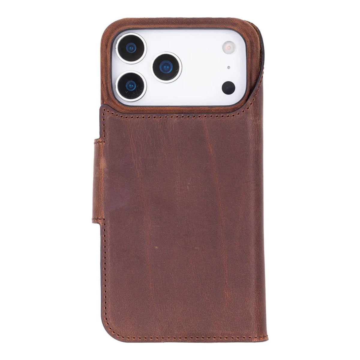 Brown leather phone case with a phone model inside on a white background