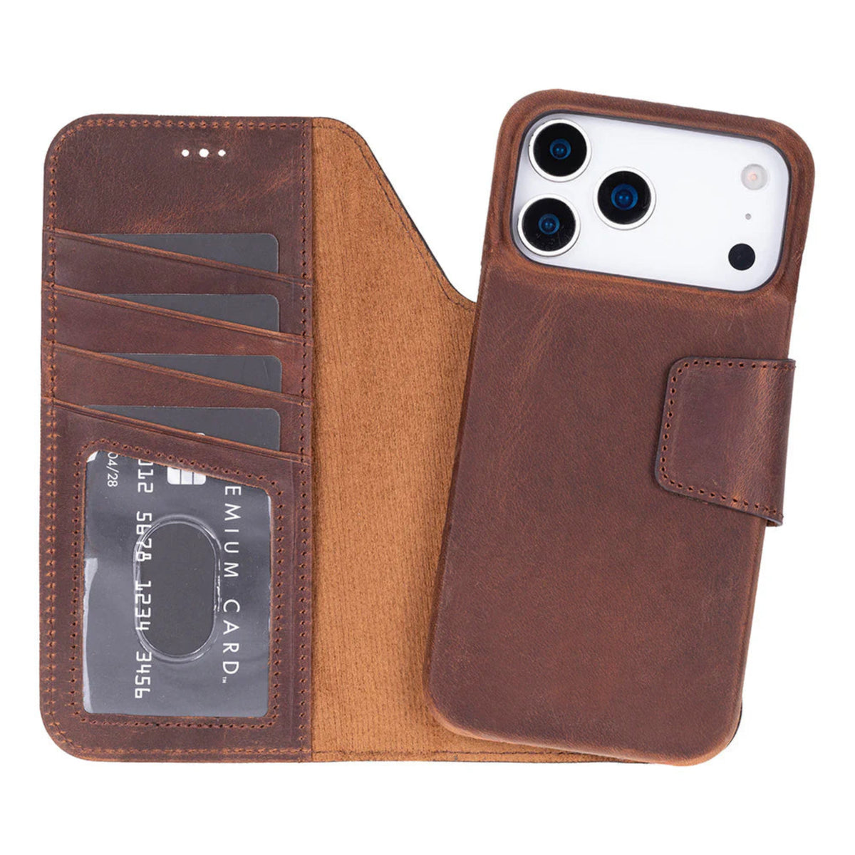 Brown leather iphone 17 pro case with card slots and phone pocket on a white background