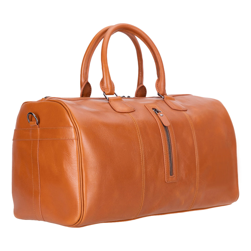 Brown leather travel bag with shoulder strap