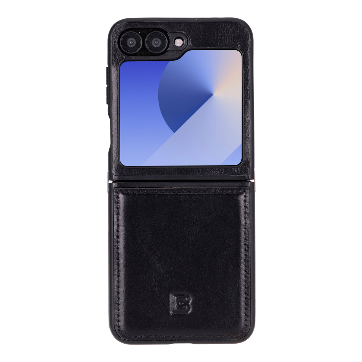 Genuine leather back cover case for Samsung Galaxy Z Flip 6, displayed in an open position showing the interior microfiber lining.
