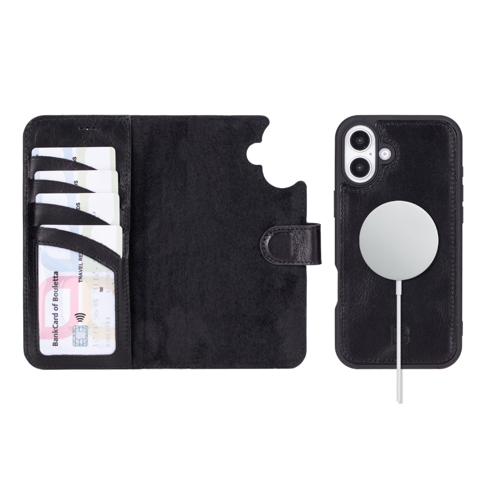 A black genuine leather wallet case for iPhone 16 with cards inserted in the slots, displayed open.