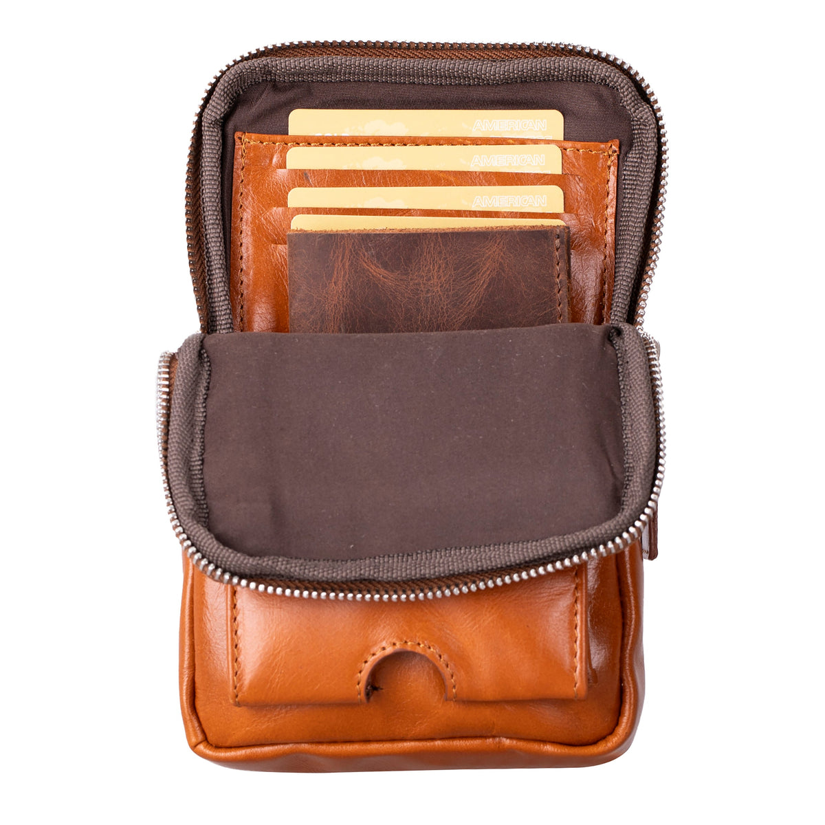 Brown leather wallet with card compartments on a white background