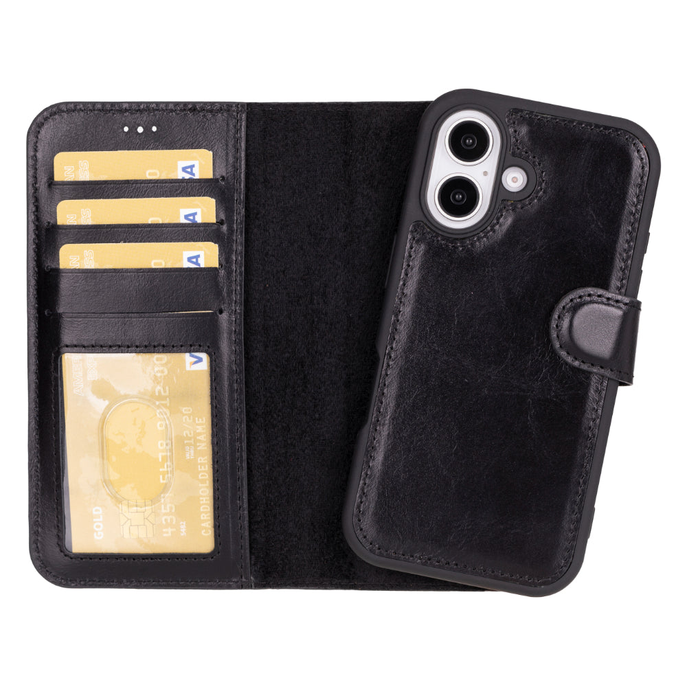 Black iphone 16 wallet case with card slots on a white background