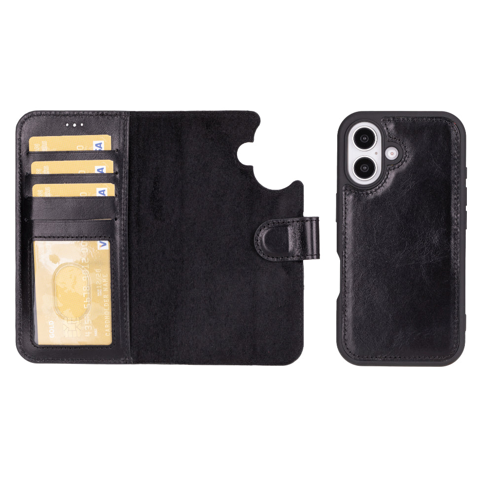 Black iphone 16 wallet case with card slots and phone stand feature on a white background