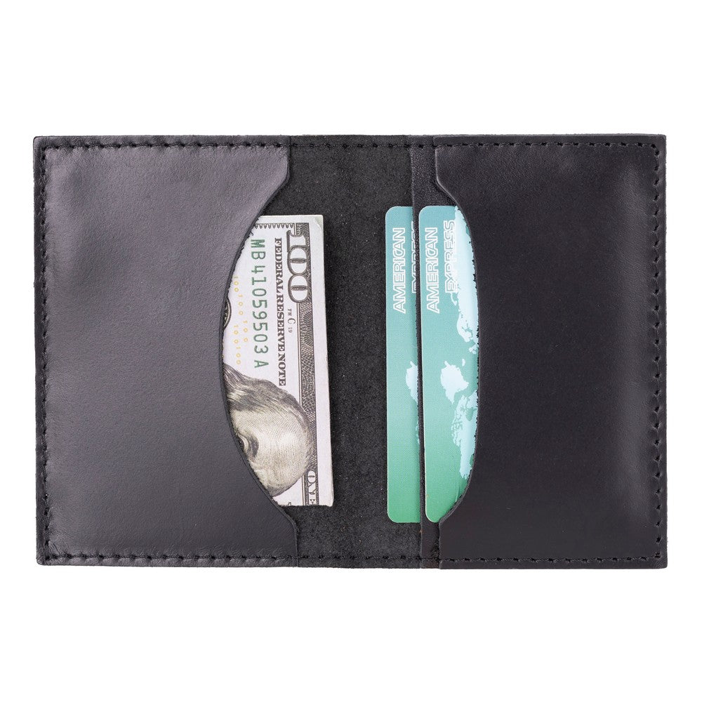 Black leather wallet with money and cards on a white background