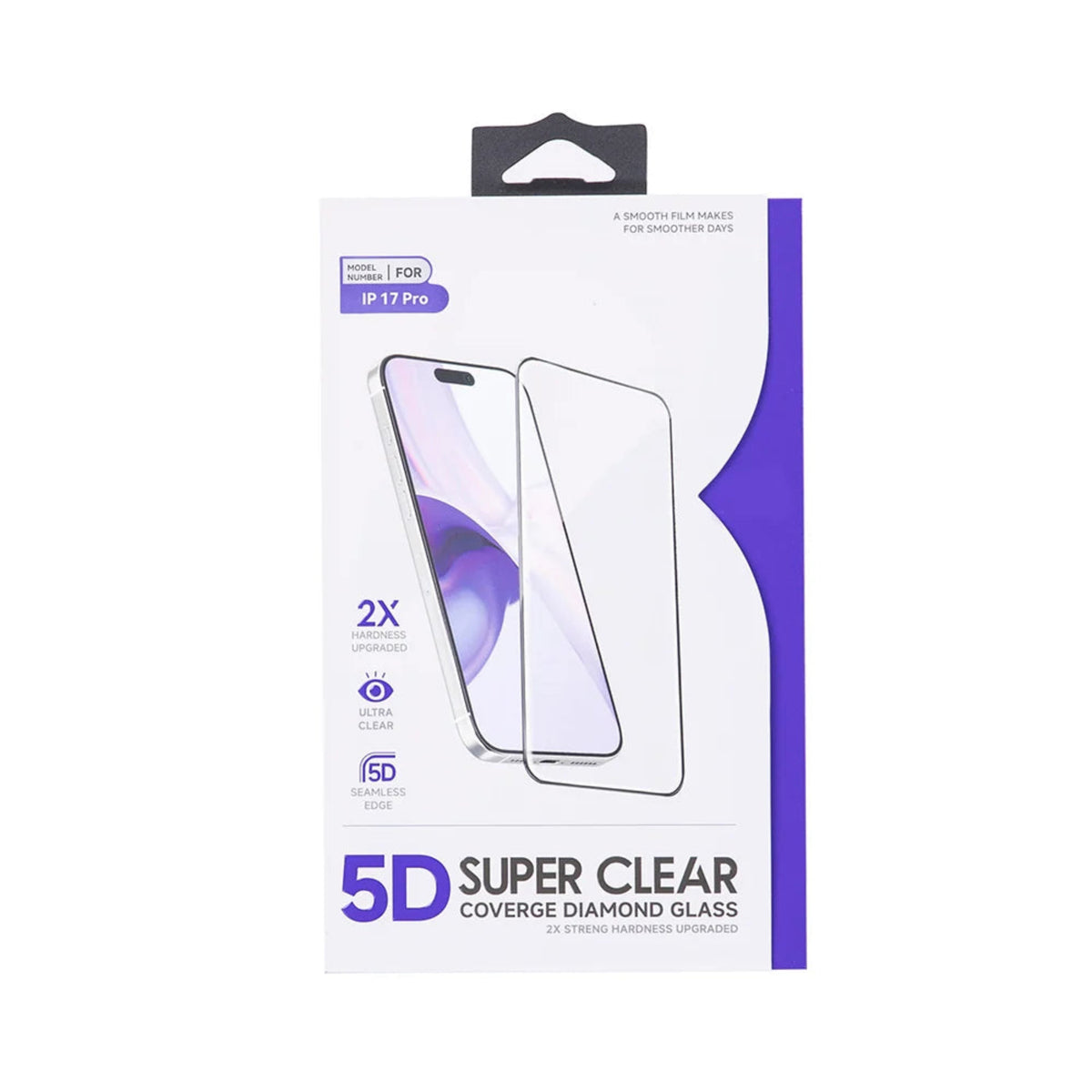 A retail package of two clear 5D diamond glass screen protectors for an iPhone, shown on a white background with a purple side accent.