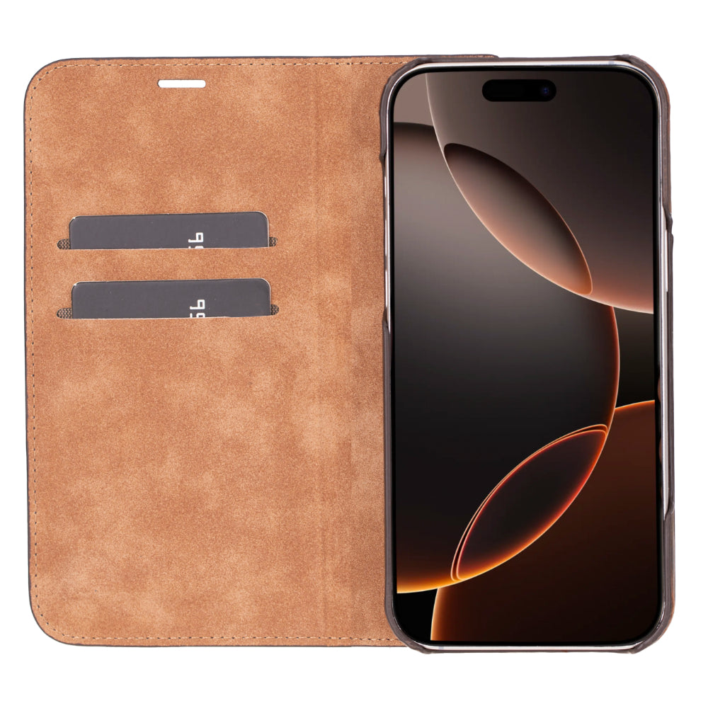Brown phone case with a phone inside on a white background