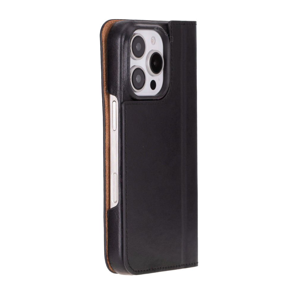 Black iphone 16 case with wooden accents on a white background