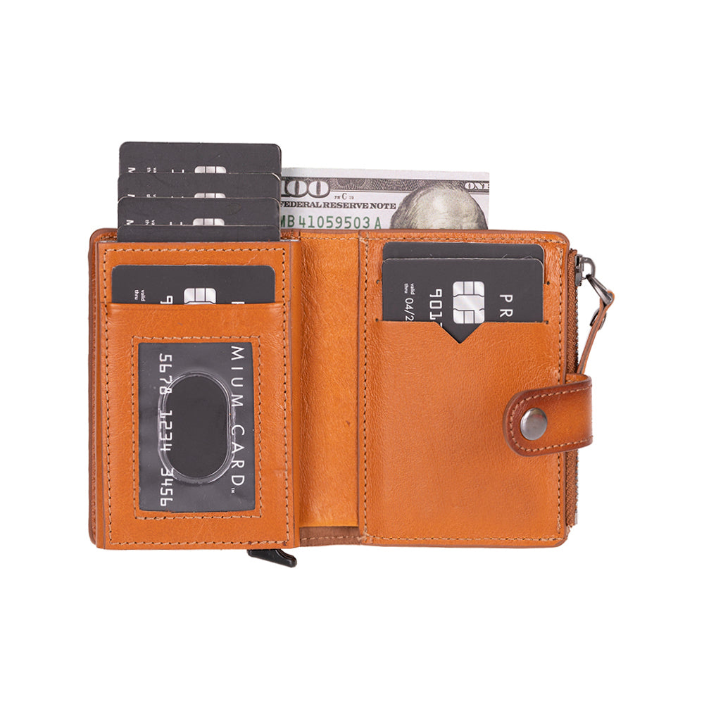 Brown leather wallet with card slots and bill compartment on a white background