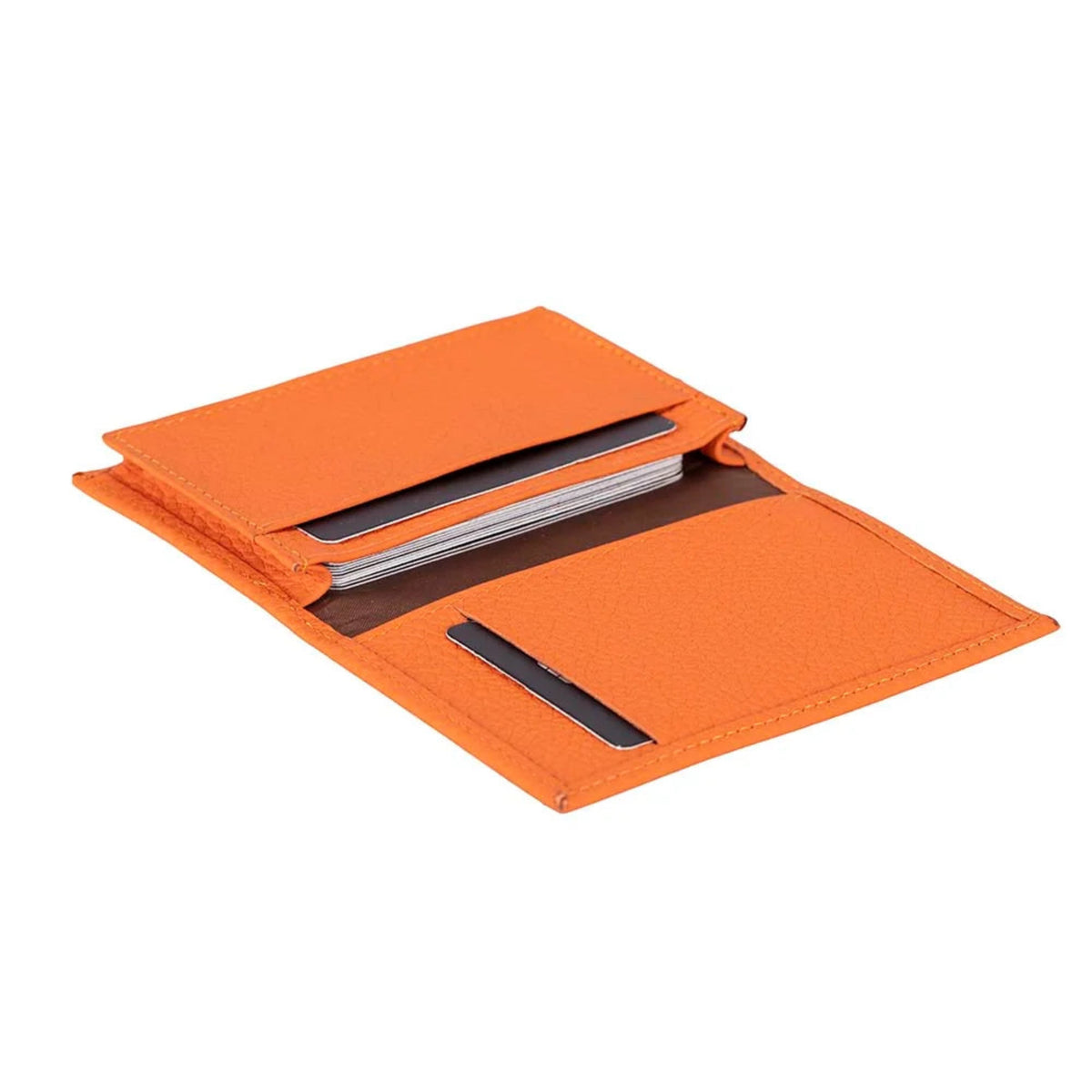 An orange textured leather bifold wallet shown open, displaying its interior compartments, including card slots with silver cards and a black card holder, set against a plain white background.