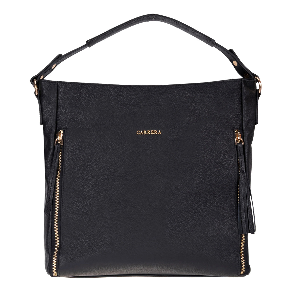 Black handbag with gold accents on a white background