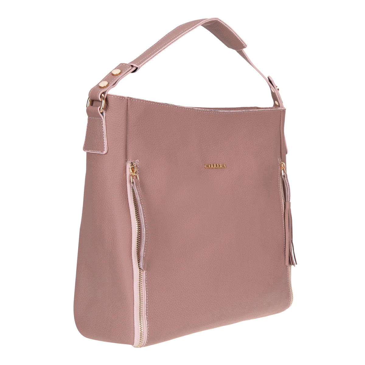 Pink handbag with a visible brand logo on a white background
