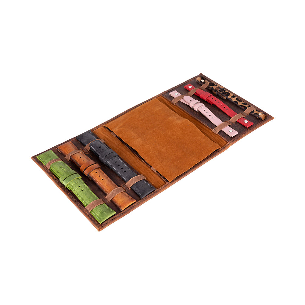Handmade leather travel case with three slots for watch bands