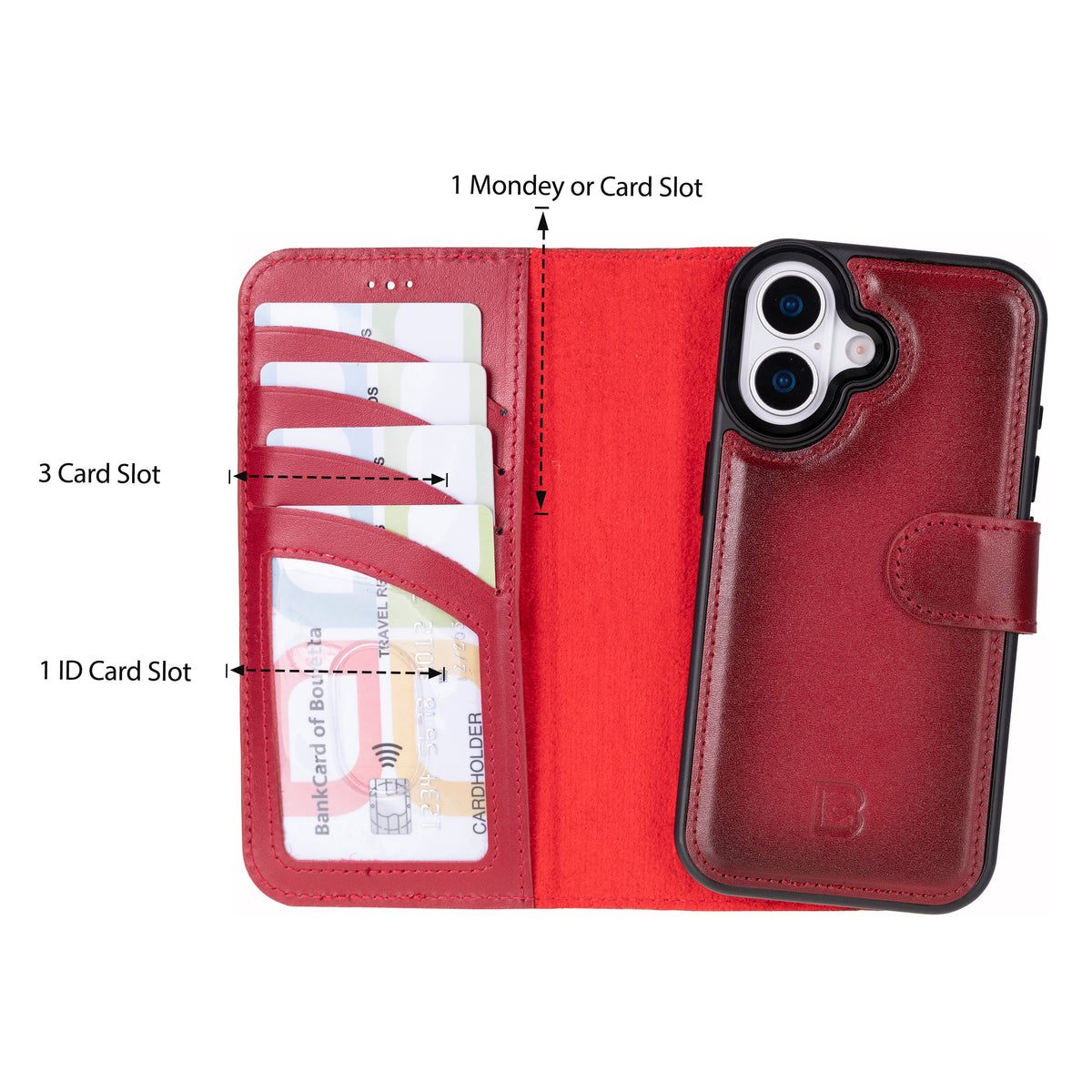Red phone wallet case with card slots and brand logo on a white background