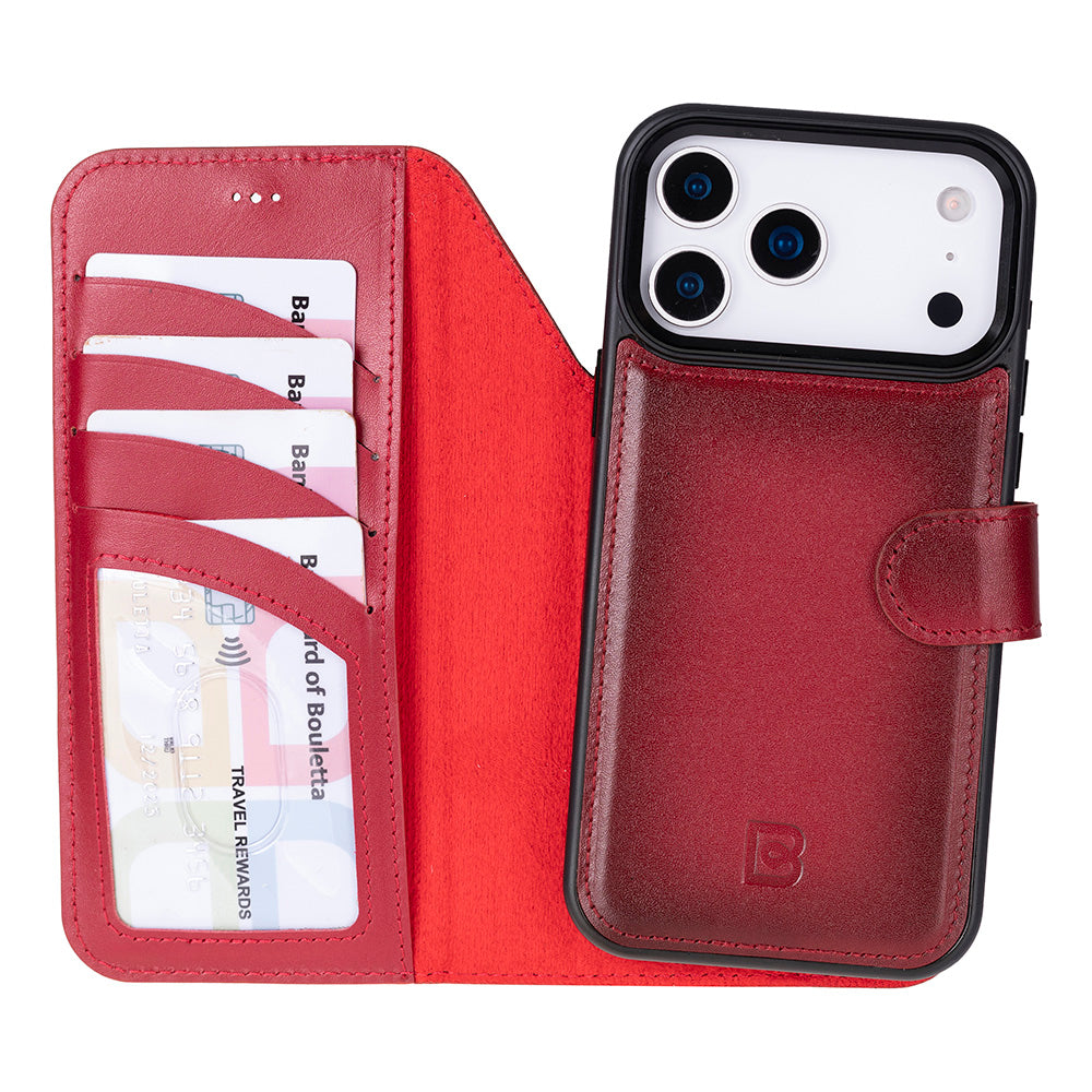 Red phone 17 pro max phone wallet case with card slots and phone stand feature on a white background