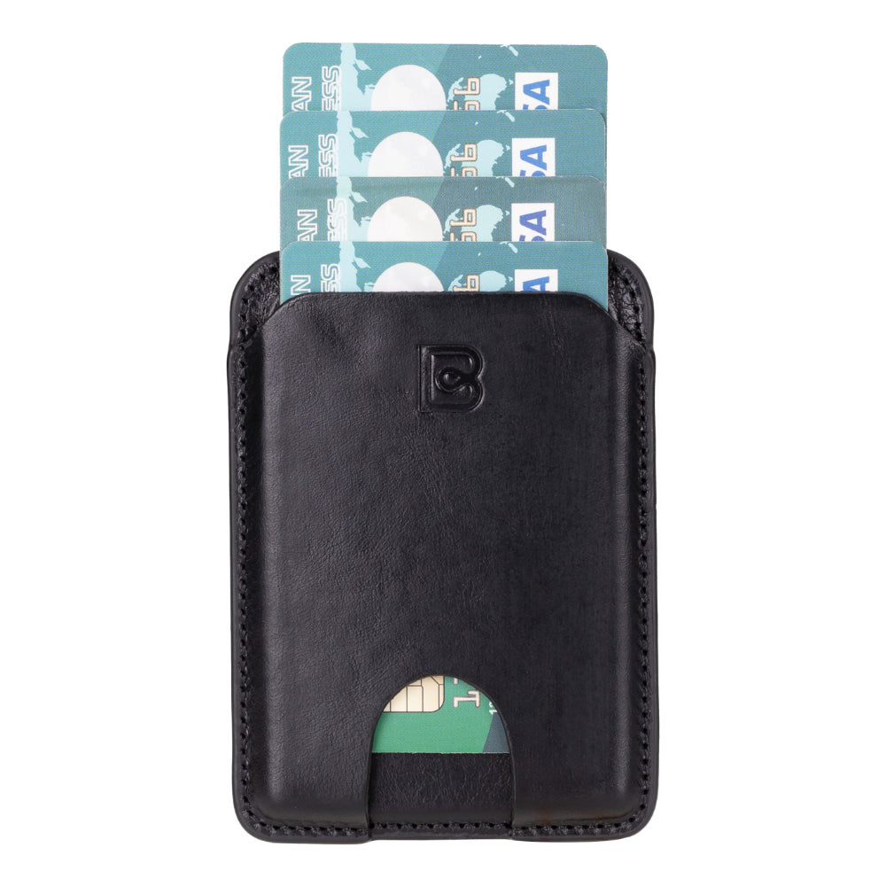 A black genuine leather magnetic card holder attached to a phone case, holding several cards.