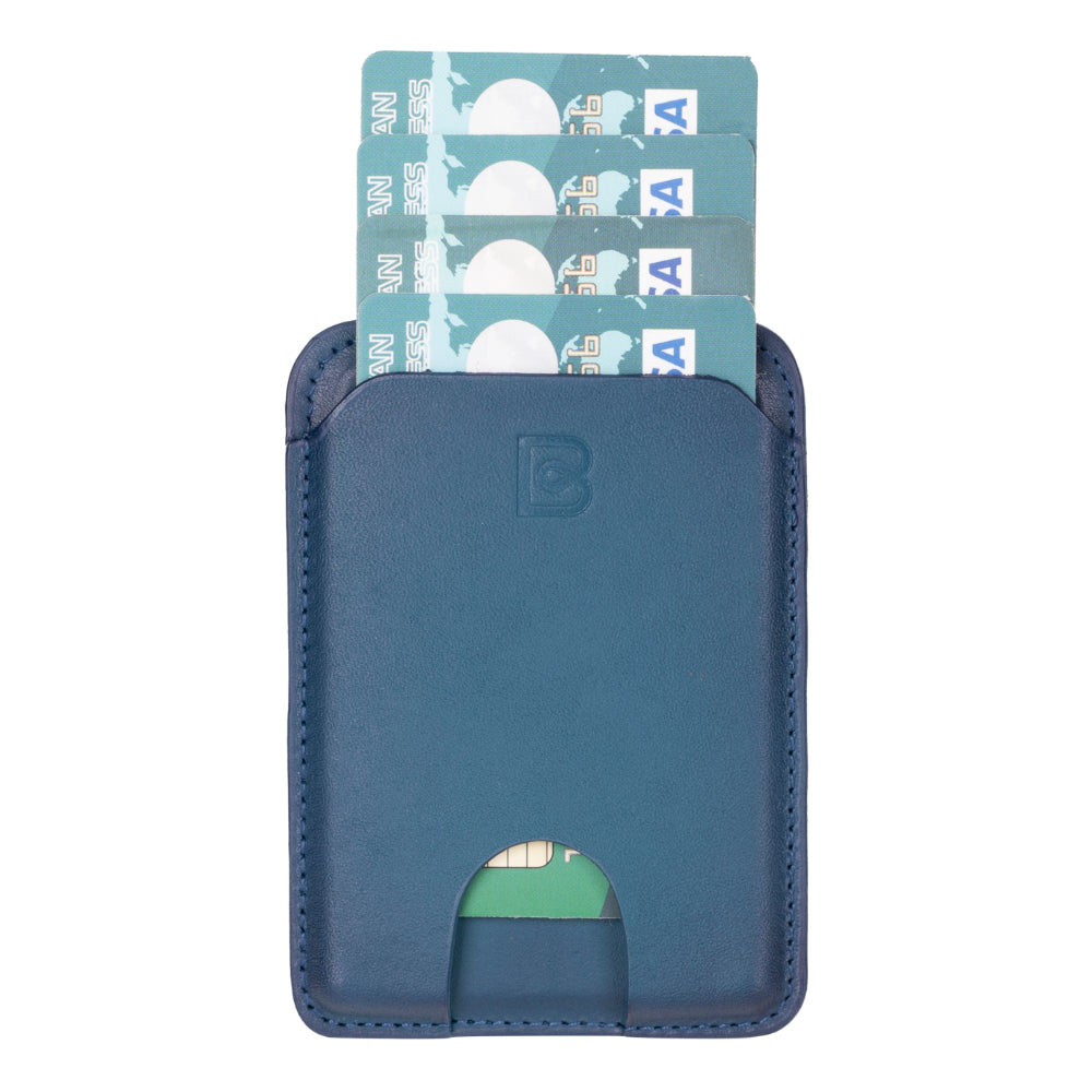 A black genuine leather magnetic card holder attached to a phone case, holding several cards.