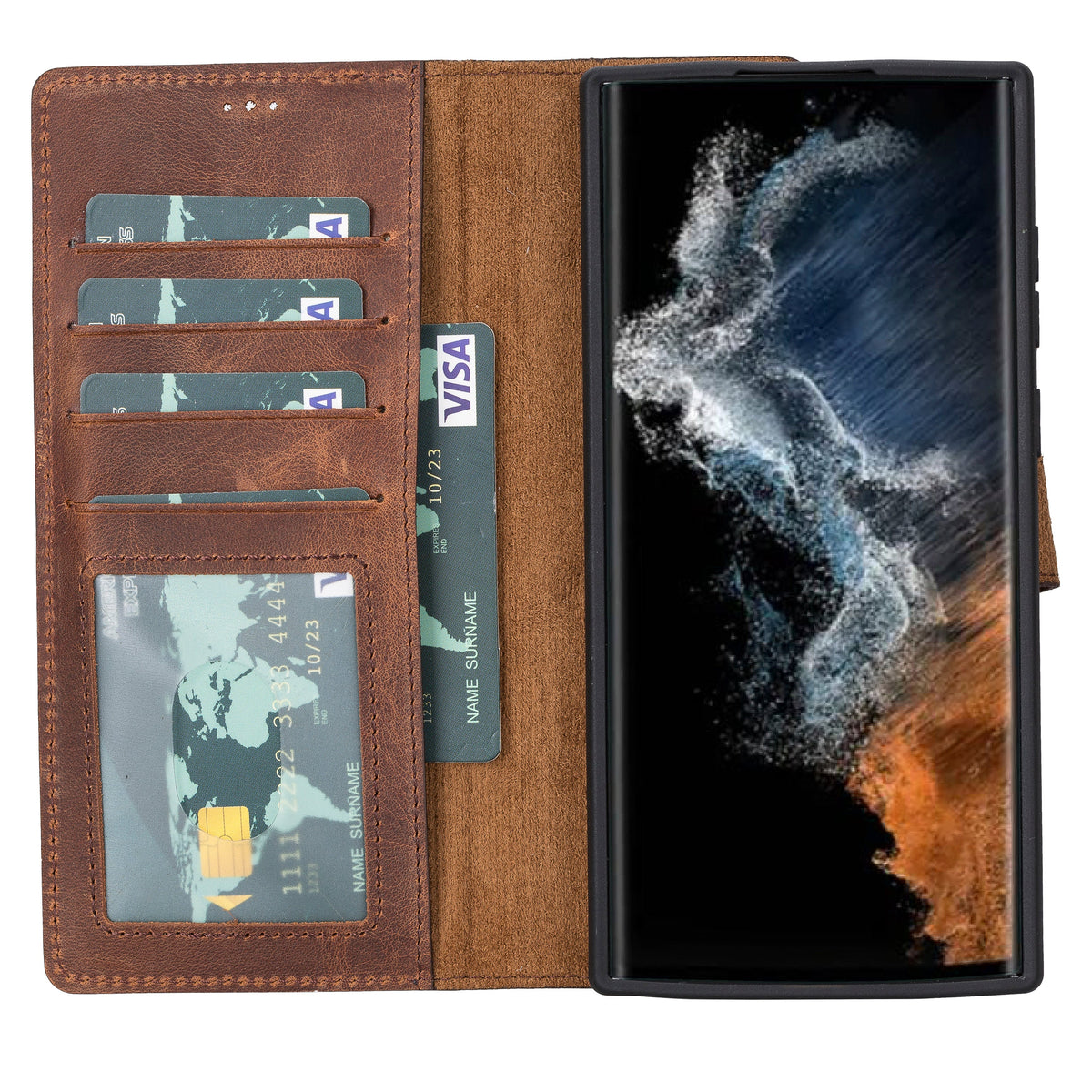 Brown phone wallet case with card slots and a smartphone displaying a nature-themed wallpaper.
