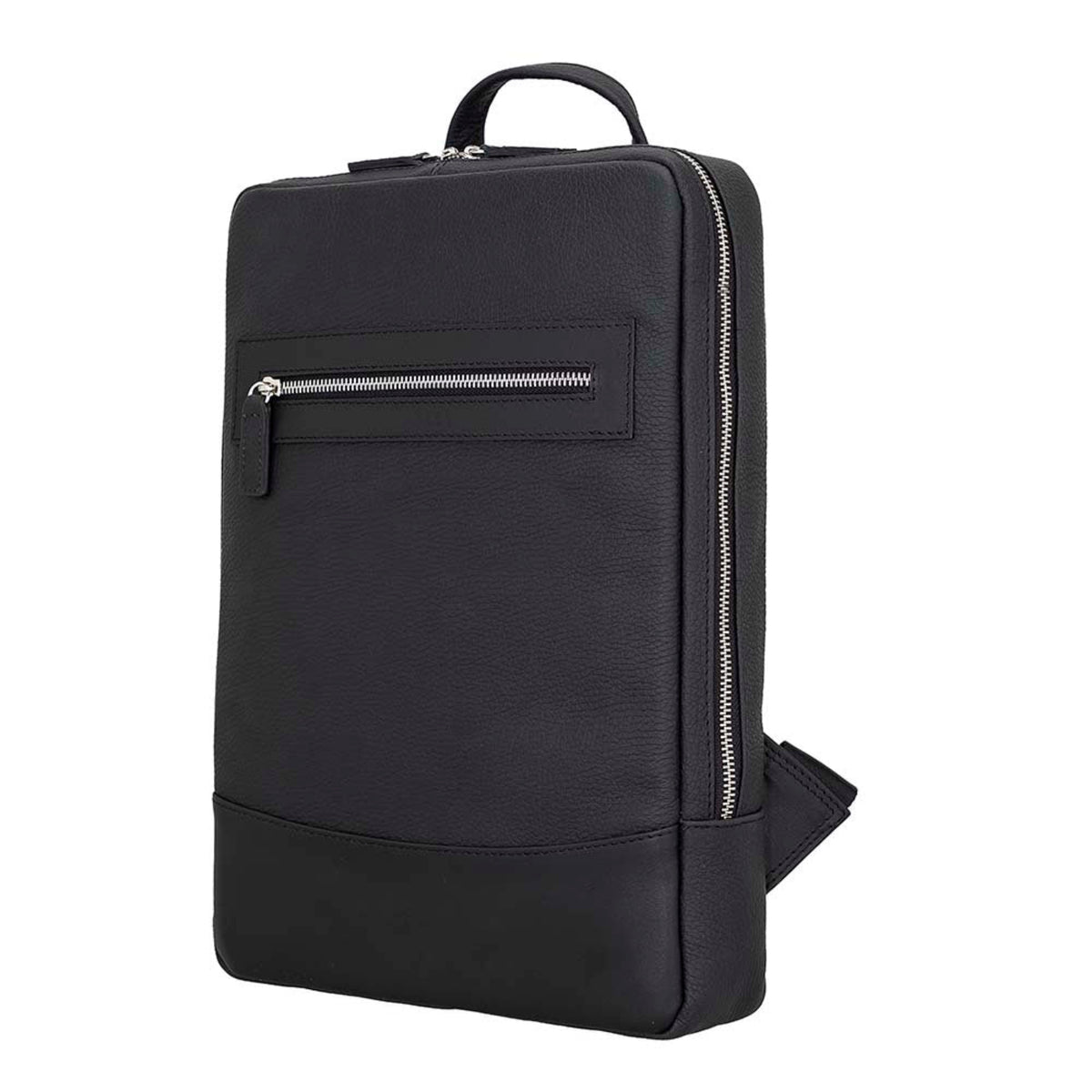 A black pebbled leather laptop backpack shown from a three-quarter angle against a solid white background.