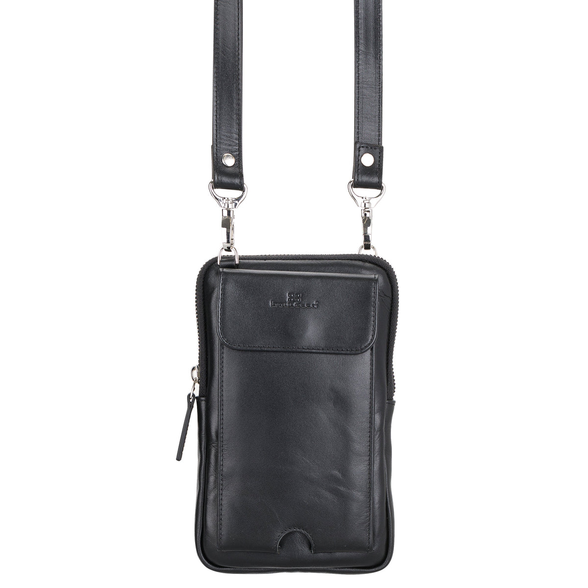 A black leather crossbody bag with an adjustable shoulder strap, displayed against a white background.