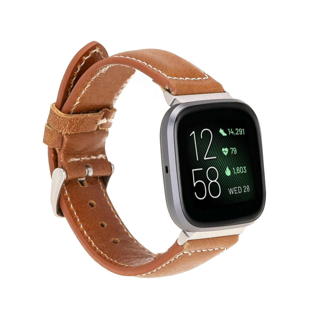 Smartwatch with a brown leather strap on a white background