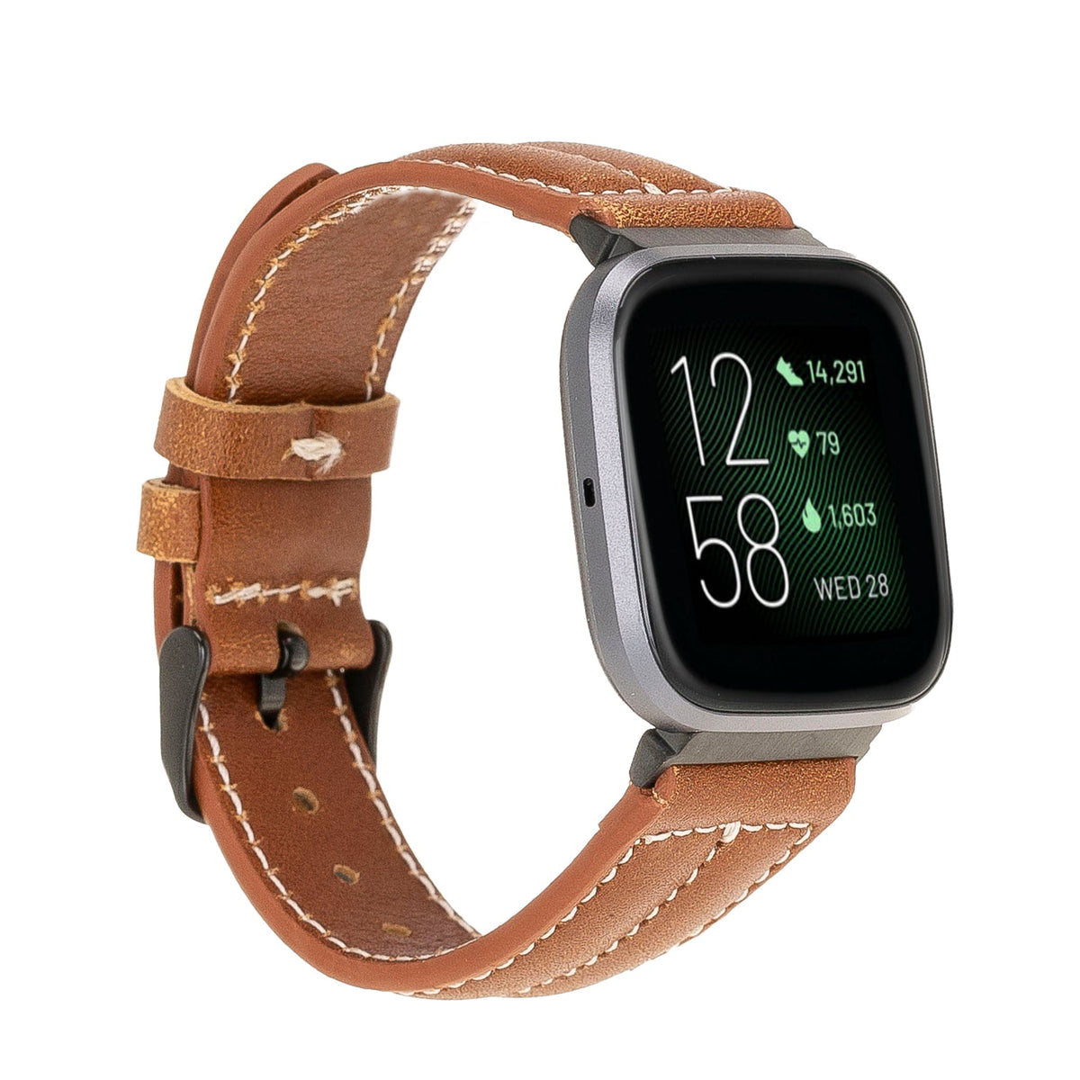 Smartwatch with a brown leather strap on a white background