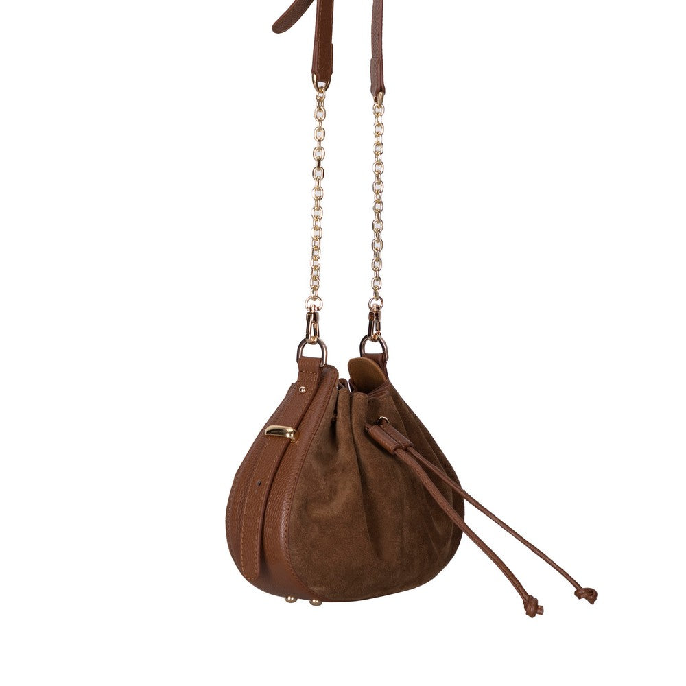 Brown leather handbag with chain strap on a white background