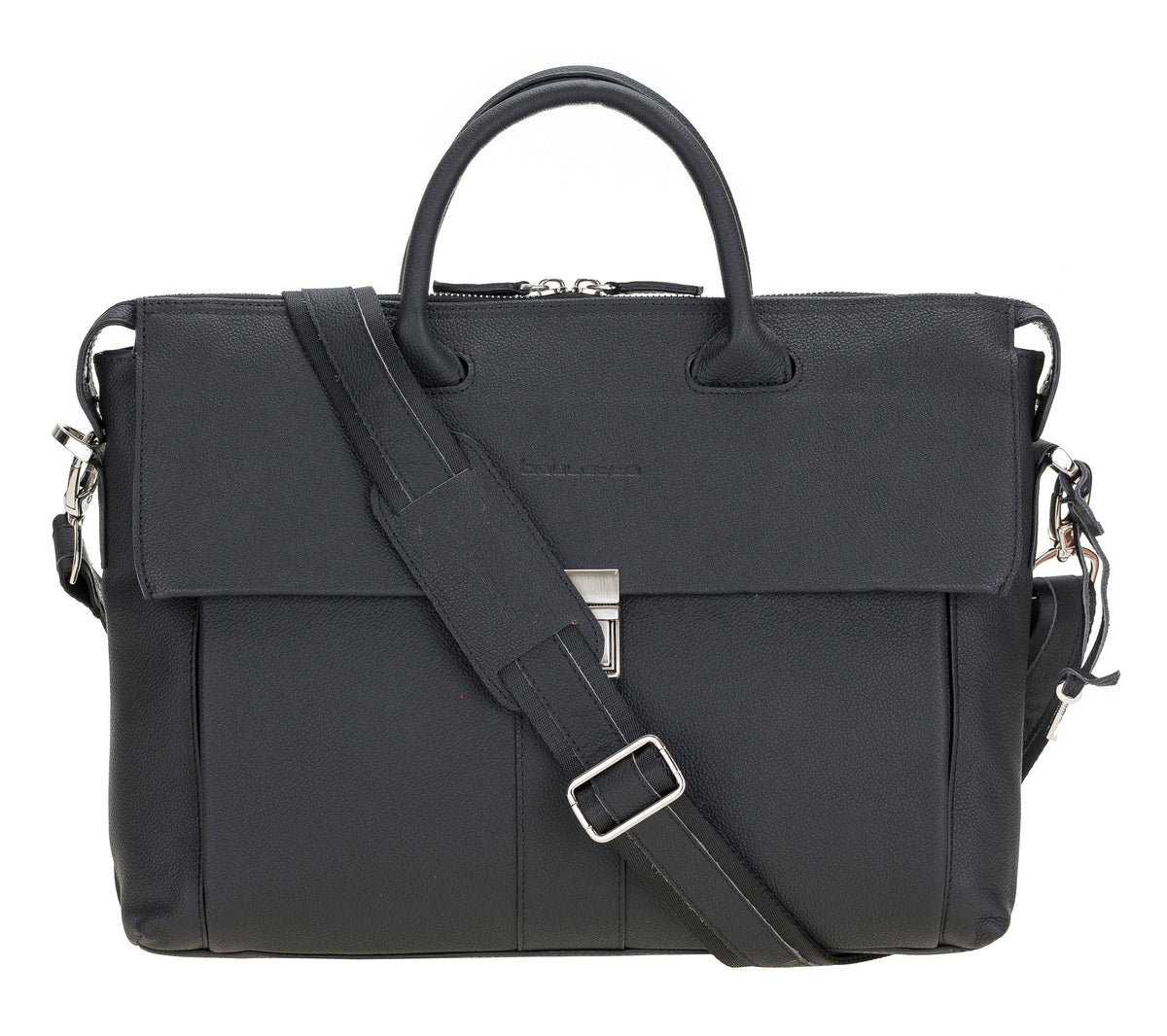 A black genuine leather business briefcase with a laptop compartment, featuring a shoulder strap, metal accessories, and a secure front flap.
