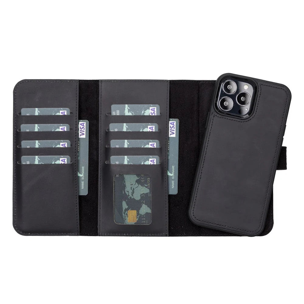 Black phone wallet with card slots and phone attachment on a white background