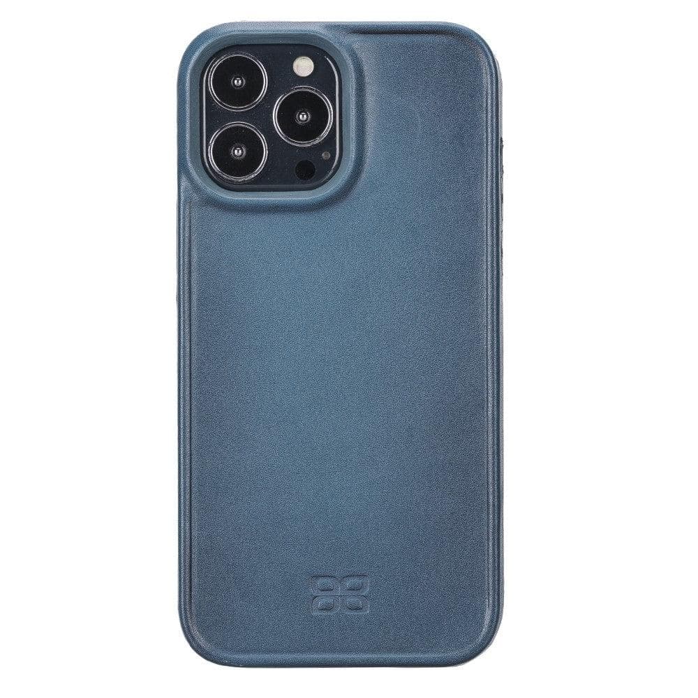 A blue genuine leather mobile phone case for the iPhone 13 series with a suede-lined interior, showing the case's cutouts for the phone's camera and buttons.