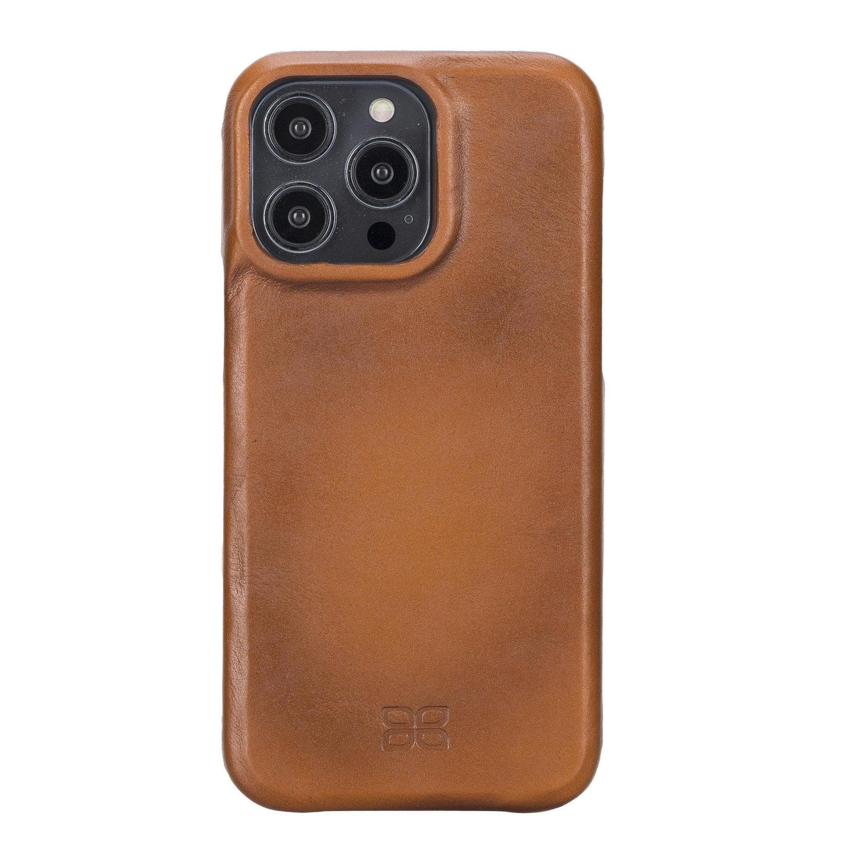 Brown genuine leather back cover for iPhone 14 Pro with camera and button access.