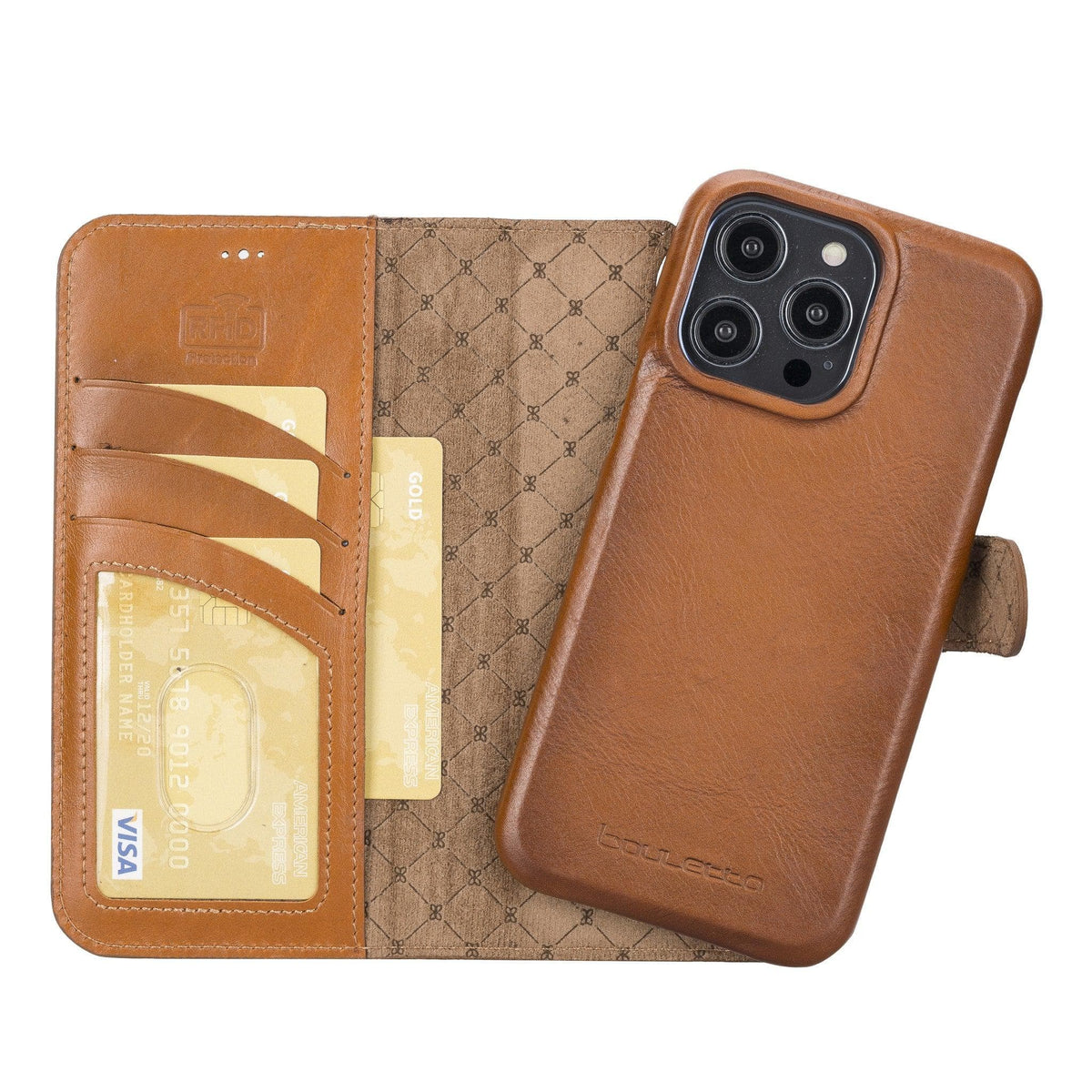 A brown genuine leather detachable wallet case for iPhone 14, displayed open to show the multiple cardholders and the interior lining, and closed to show the backside with the camera cutout.
