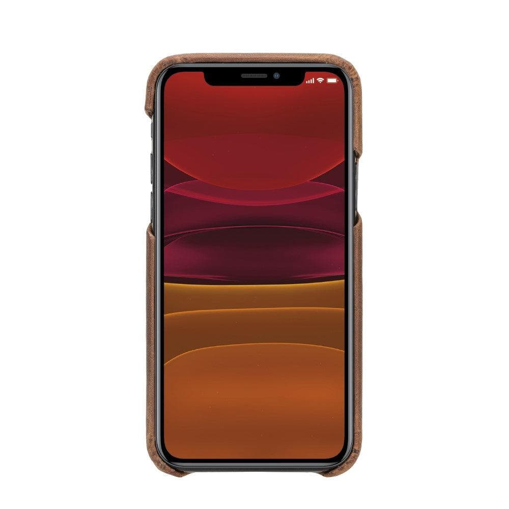 Smartphone with a brown leather case on a white background