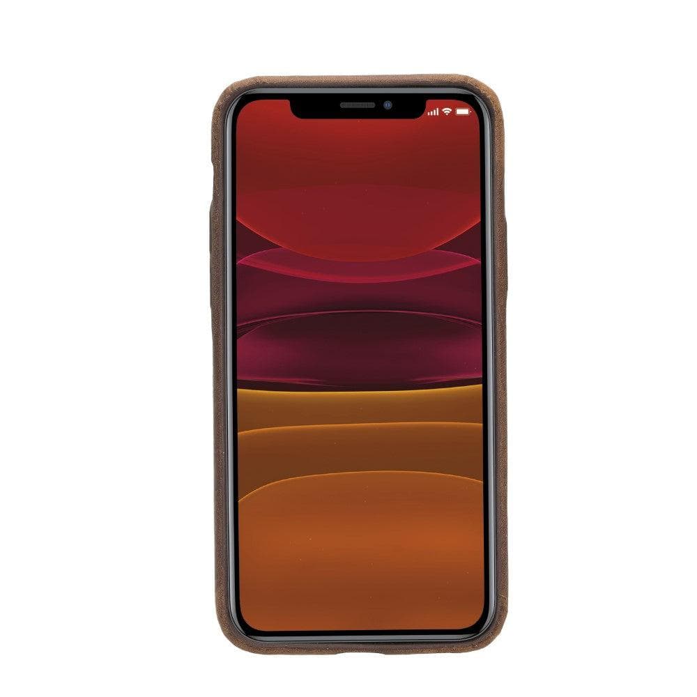 Smartphone with a colorful display in a brown case on a white background