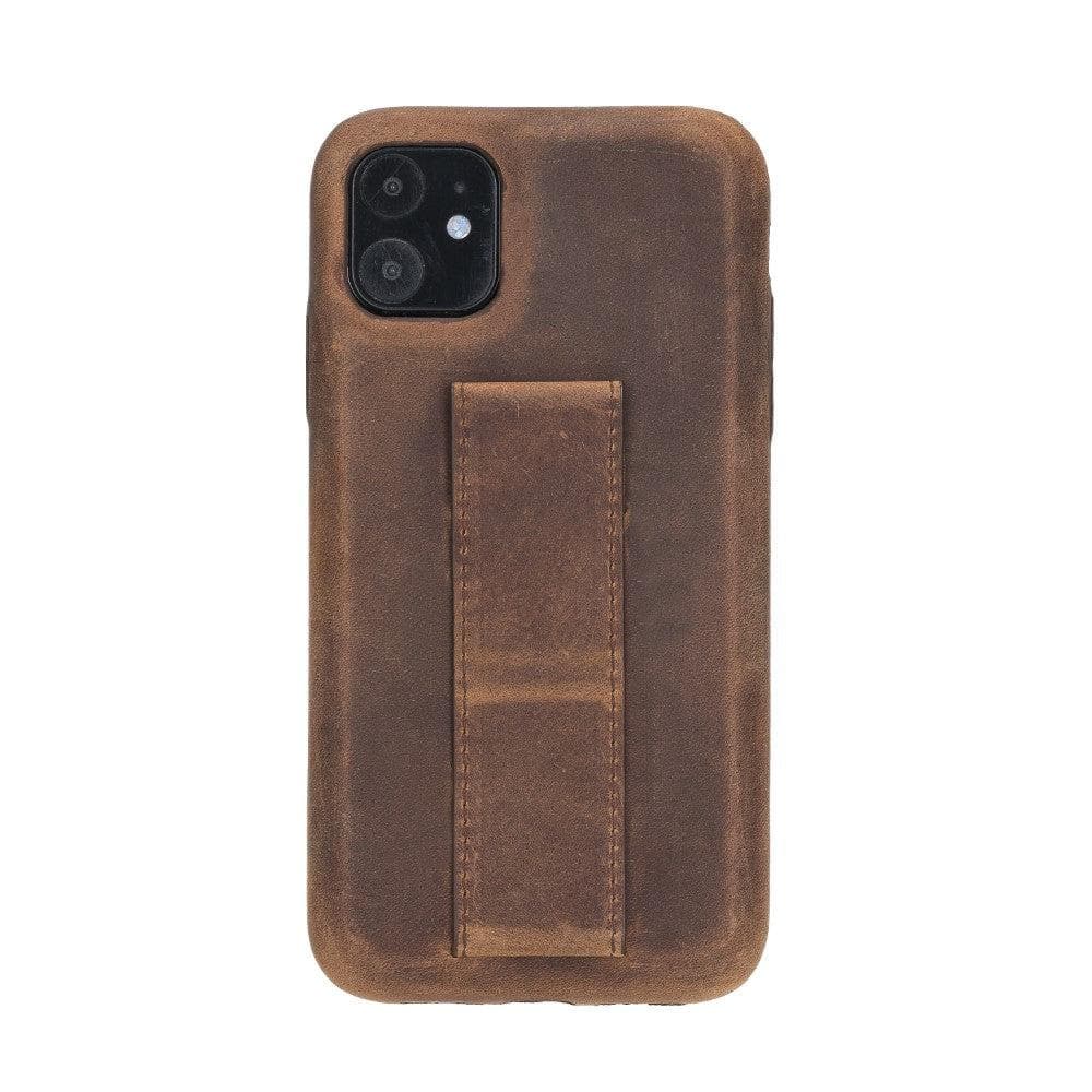 Brown leather phone case with a card holder on a white background