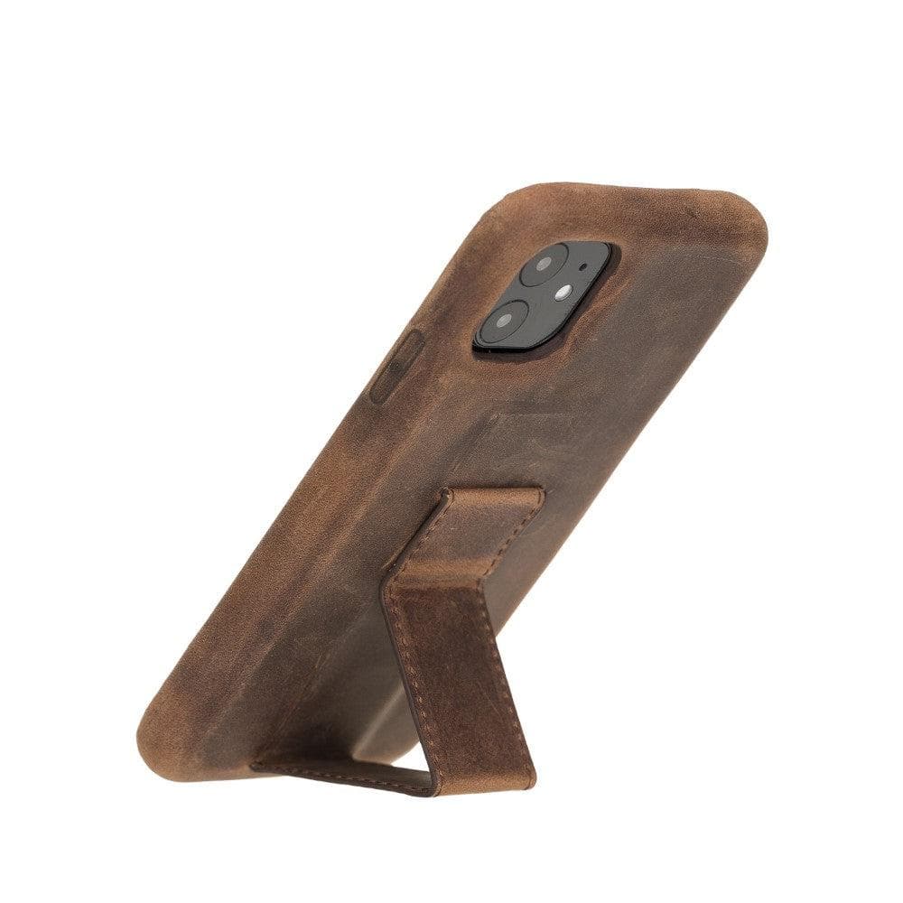 Brown phone case with stand feature on a white background